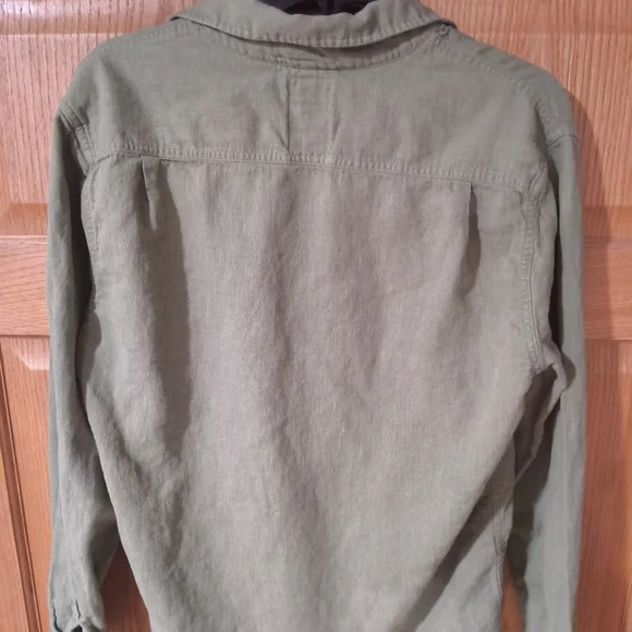 RELWEN LINEN WORKSHIRT Olive Green Button Down Shirt - Picture 6 of 7